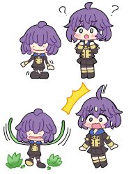  1girl 1other ? ahoge bernadetta_von_varley bernadetta_von_varley_(cosplay) blush chibi chibi_only commentary cosplay ditto english_commentary fire_emblem fire_emblem:_three_houses garreg_mach_monastery_uniform grey_eyes highres hiro_kayama long_sleeves messy_hair open_mouth pokemon pokemon_(creature) pokemon_pokopia purple_hair short_hair simple_background surprised transform_(pokemon) transformed_ditto white_background 