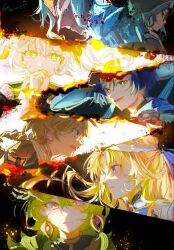  3girls 4boys aether_(genshin_impact) beret black_background black_eyes black_hair black_hood blonde_hair blue_cape blue_hair blue_hat blunt_ends braid bright_pupils cape closed_mouth collei_(genshin_impact) column_lineup commentary_request covering_own_mouth cross-shaped_pupils crossed_bangs dark-skinned_male dark_skin dottore_(genshin_impact) earrings eye_mask eyelashes eyeliner facial_mark facing_to_the_side forehead_mark genshin_impact glasses glint gold gold_trim green_eyes green_hair hair_between_eyes hair_ornament hat head_down highres hood hood_up innagaja jewelry jingasa korean_commentary leaf leaf_hair_ornament long_hair looking_at_viewer looking_to_the_side low-braided_long_hair low-tied_long_hair makeup mask multiple_boys multiple_girls nahida_(genshin_impact) nicole_reeyn open_mouth own_hands_clasped own_hands_together pantalone_(genshin_impact) pink_eyes pointy_ears red_eyeliner scaramouche_(genshin_impact) scarf side_cape side_ponytail sidelocks signature symbol-shaped_pupils tsurime violet_eyes wanderer_(genshin_impact) white_hair white_hat white_pupils white_scarf 