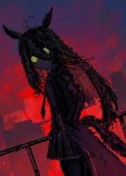  1girl absurdres animal_ears black_coat black_hair black_necktie black_pantyhose black_skirt coat colored_inner_hair ear_ornament ear_tag earrings hair_between_eyes hand_in_pocket highres horse_ears horse_girl horse_tail jewelry long_bangs long_hair long_hair_between_eyes looking_at_viewer multicolored_hair necktie open_clothes open_coat pantyhose pleated_skirt railing red_hair red_theme single_earring skirt solo tail thefatum very_long_hair yellow_eyes 