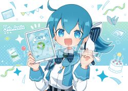  1girl :d ahoge blue_background blue_bow blue_eyes blue_hair blue_vest blush bow buttons chizu_(421ooouy) collared_shirt commentary_request dot_nose double-parted_bangs drawing_tablet hair_between_eyes hair_bow holding holding_drawing_tablet holding_stylus letterboxed long_hair long_sleeves looking_at_viewer open_clothes open_mouth open_vest original outline sample_watermark shirt sidelocks smile solo striped_bow stylus twitter_username two-tone_bow upper_body vest watermark white_bow white_outline white_shirt 