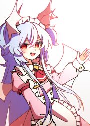  1girl aged_down alternate_hair_length_(longer) apron ascot bat_wings blue_hair brooch commentary_request dress enmaided fang frilled_apron frills hair_between_eyes head_wings highres illust_atelier3 jewelry juliet_sleeves long_hair long_sleeves maid maid_apron maid_headdress multiple_wings one-hour_drawing_challenge open_mouth pink_dress pink_wings puffy_sleeves red_ascot red_eyes remilia_scarlet remilia_scarlet_(modern-day_makai's_charismatic_mistress) smile solo touhou touhou_lostword very_long_hair white_apron wings 