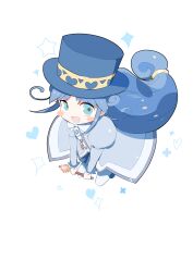  1girl :d absurdres aqua_eyes bilingual_commentary blue_boots blue_coat blue_hat blue_skirt blush_stickers boots bow bowtie buttons chinese_commentary coat commentary compact_(cosmetics) cosmetics curly_hair curtained_hair foreshortening from_above fushigiboshi_no_futago_hime hat heart highres holding holding_wand long_hair long_sleeves looking_at_viewer low-tied_long_hair miniskirt mixed-language_commentary morgue_(southsakura) open_mouth pantyhose pleated_skirt puffy_sleeves rein_(futagohime) simple_background skirt smile solo sparkle squatting star_(symbol) sunny_luce sunny_rod top_hat very_long_hair wand white_background white_bow white_bowtie white_pantyhose white_trim 