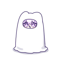  1girl :3 :d blush_stickers bright_pupils chibi chibi_only commentary_request crossed_bangs double-parted_bangs ghost_costume hair_between_eyes highres hololive nekomata_okayu open_mouth purple_hair simple_background smile solo violet_eyes virtual_youtuber white_background white_pupils yananang 