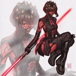  1girl alien boots breasts brown_hair colored_skin cosplay darth_maul darth_maul_(cosplay) double_bladed_lightsaber energy_sword gloves grin highres holding holding_sword holding_weapon lightsaber looking_at_viewer medium_breasts rafafloresart red_lightsaber red_skin sith smile solo star_wars sword teeth weapon zabrak 