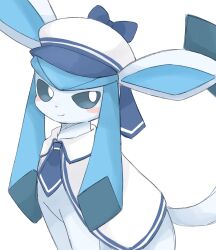  animal_focus blue_eyes blush blush_stickers bright_pupils clothed_pokemon commentary_request glaceon glaceon_(summer_sailor) hat highres kuzuyu necktie pokemon pokemon_(creature) pokemon_cafe_remix pokemon_focus sailor_collar sailor_hat simple_background sitting smile white_background white_pupils 