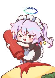  >_o 1girl alternate_costume alternate_hair_color apron black_dress blush chibi chibi_only commentary_request crystal crystal_wings dress enmaided fang flandre_scarlet flandre_scarlet_(vampire_pursuing_the_hunter) food gradient_halo halo highres illust_atelier3 ketchup ketchup_bottle maid maid_apron maid_headdress multicolored_halo multicolored_wings omelet omurice one-hour_drawing_challenge one_eye_closed one_side_up puffy_short_sleeves puffy_sleeves purple_hair red_eyes short_sleeves simple_background solo touhou touhou_lostword white_background wings 