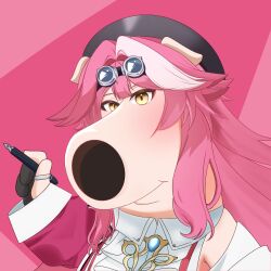  animal_ears beret brian_griffin closed_mouth coat cosplay dog_ears family_guy goggles goggles_on_head hat highres hololive hololive_english long_hair looking_at_viewer pink_coat pink_hair raora_panthera raora_panthera_(1st_costume) raora_panthera_(cosplay) sethhhlhhh smile snout solo yellow_eyes 