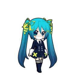  1girl aqua_eyes black_outline blue_boots blue_coat blue_hair blue_necktie blue_skirt blue_vest blush boots caution_tape chibi chibi_only coat covered_mouth full_body game_asset garter_straps gradient_hair hair_ornament hair_ribbon hatsune_miku hatsune_miku_graphy_collection himitsu_keisatsu_(vocaloid) knee_boots long_hair long_sleeves looking_at_viewer mask mouth_mask multicolored_hair necktie outline ribbon shirt side_slit skirt solo standing striped_clothes striped_thighhighs surgical_mask thigh-highs transparent_background twintails very_long_hair vest vocaloid white_mask white_shirt x_hair_ornament yellow_ribbon 