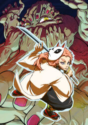  2boys absurdres demon demon_slayer_uniform extra_arms fox_mask hand_demon_(kimetsu_no_yaiba) highres holding holding_sword holding_weapon kakashino_kakato kimetsu_no_yaiba long_hair mask multiple_boys orange_hair sabito_(kimetsu) sandals scar scar_on_face sword weapon 