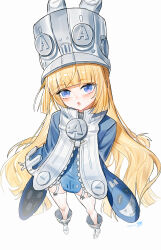  1girl :o absurdres animal_ears blonde_hair blue_coat blue_eyes blunt_bangs blunt_ends blush chinese_commentary coat commentary dated fake_animal_ears from_above full_body gloves hat high_collar highres long_hair looking_at_viewer looking_up norma_hollowell shoes signature solo suspenders thigh-highs very_long_hair white_gloves white_hat white_shoes white_thighhighs wide_sleeves yisjhui zenless_zone_zero zipper 