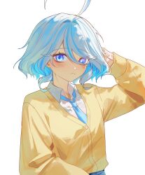  1girl absurdres ahoge alternate_costume blue_eyes blue_hair blue_necktie blue_streaks blver brown_cardigan cardigan closed_mouth collared_shirt commentary drop-shaped_pupils furina_(genshin_impact) genshin_impact heterochromia highres looking_at_viewer mismatched_pupils multicolored_hair necktie school_uniform shirt simple_background solo streaked_hair symbol-shaped_pupils upper_body white_background white_hair white_shirt 
