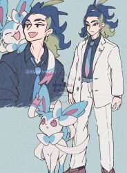  1boy :d :o adaman_(palentine's_2026)_(pokemon) adaman_(pokemon) alternate_color blue_fur blue_hair blue_necktie blue_shirt bright_pupils chimaki_(agozimuchi) collared_shirt commentary_request eyebrow_cut green_hair highres jacket long_hair looking_at_viewer male_focus multicolored_hair multiple_views necktie official_alternate_costume open_clothes open_jacket pants pink_eyes pokemon pokemon_(creature) pokemon_masters_ex ponytail shiny_pokemon shirt simple_background smile standing sylveon upper_body white_fur white_pants white_pupils 