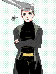  1girl belt black_lips black_pants black_shirt blush bright_pupils brown_eyes brown_hair buzz_cut coat colossus_(x-men) commentary_request cowboy_shot crossed_arms deadpool_(movie) deadpool_(series) eyelashes eyeshadow face_piercing fingernails grey_coat hand_on_another's_head headpat ken_shirou_(loco) lips lipstick long_sleeves makeup marvel motion_lines negasonic_teenage_warhead nose_piercing open_clothes open_coat pants piercing polka_dot polka_dot_background shirt short_hair solo_focus speech_bubble spoken_squiggle squiggle turtleneck very_short_hair white_pupils x-men x-men_film_series yellow_belt 