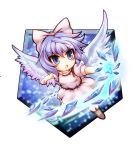  1girl :o angel_wings blue_background blue_eyes bow chibi clenched_hand cross-laced_footwear dress hair_bow ice_crystal lavender_hair looking_away mai_(touhou) open_mouth rope short_hair solo sore_(whirlwind) touhou touhou_(pc-98) wings 