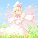  blonde_hair blush dress flower_field hat lily_white outstretched_arms pink_dress red_eyes shino_megumi smile solo touhou wings 