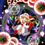 :d blonde_hair blush covering covering_crotch danmaku dress dress_tug fangs flandre_scarlet flying hand_on_hat hat hexagram highres looking_at_viewer magic_circle mary_janes mount_whip open_mouth red_eyes revised revision shoes short_hair smile solo the_embodiment_of_scarlet_devil thigh-highs thighhighs touhou white_legwear wings 