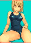  adjusting_swimsuit and blonde_hair looking_at_viewer one-piece_swimsuit original short_hair simple_background sitting solo swimsuit yellow_eyes 