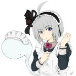  ahoge alternate_costume apron blue_eyes bowtie bust dress enmaided flower ghost hair_flower hair_ornament hayate-s headdress highres hitodama konpaku_youmu konpaku_youmu_(ghost) maid maid_headdress myon short_hair silver_hair solo touhou 