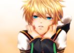  arm_support blonde_hair blue_eyes close detached_sleeves face kagamine_len looking_at_viewer male sailor_collar solo vocaloid 