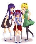  blonde_hair blue_hair blush bow brush chair comb fang footwear furude_rika hair_bow hairband hairdressing hand_mirror hand_on_own_chest hanyuu hato hato37 higurashi_no_naku_koro_ni horns houjou_satoko long_hair mary_janes mirror multiple_girls pantyhose pigeon-toed purple_eyes purple_hair red_eyes sailor_dress school_uniform shoes short_hair simple_background sitting socks uwabaki violet_eyes wink 