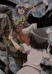  battle brush calligraphy_brush carrot dual_wielding from_behind hieda_no_akyuu horse inaba_tewi ink kousei_(public_planet) multiple_girls open_mouth paintbrush publicplanet riding snow touhou 