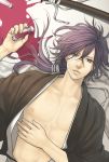  bad_id black_hair chest hakuouki_shinsengumi_kitan japanese_clothes long_hair lying male minato_(robin) open_clothes saitou_hajime_(hakuouki) sheath solo spill vial 