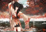  black_hair bracelet copyright_request eyeshadow highlights horns ian_olympia japanese_clothes jewelry kimono long_hair makeup solo wading water 