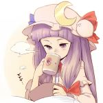  bangs blunt_bangs book bow bust crescent cup drinking hair_bow hat long_hair patchouli_knowledge purple_eyes purple_hair reading ryuhey solo touhou violet_eyes 