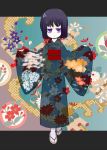  :o footwear hyara japanese_clothes kimono original purple_eyes purple_hair sandals short_hair socks solo violet_eyes 