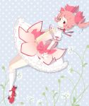  chico152 choker floating floral_background frills gloves kaname_madoka kneehighs magical_girl mahou_shoujo_madoka_magica pink_eyes pink_hair polka_dot polka_dot_background puffy_sleeves shoes short_hair short_twintails tears twintails white_gloves white_legwear 