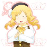  blonde_hair bow breasts bust charlotte charlotte_(madoka_magica) closed_eyes drill_hair eiri_(eirri) happy hat large_breasts mahou_shoujo_madoka_magica open_mouth ribbon simple_background solo tomoe_mami twin_drills 