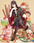  bad_id black_eyes black_hair boots bow bracelet bubblegum cake candy chair cherry coat crossed_legs food fruit grapes jar jewelry legs_crossed lollipop long_hair male open_clothes open_shirt pants parfait ribbon shirt sitting smile solo strawberry sweets tales_of_(series) tales_of_vesperia yubari yuri_lowell 