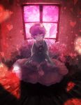  blouse dress frills glowing glowing_eyes hands_clasped head_tilt heart highres komeiji_satori long_sleeves looking_at_viewer pale_skin pink_eyes pink_hair short_hair sitting skirt solo third_eye touhou wide_sleeves xero 