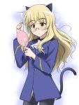  black_legwear blonde_hair blush cat_ears cat_tail electricity glasses long_hair messy_hair military military_uniform mirror panties panties_under_pantyhose pantyhose perrine_h_clostermann solo strike_witches tail underwear uniform yellow_eyes youkan 