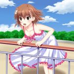  bare_shoulders blush breasts brown_eyes brown_hair cleavage down_blouse dress fang flat_chest flower hair_flower hair_ornament highres kamiko_to_seiryoku misaka_mikoto no_bra open_mouth short_hair skirt solo sundress to_aru_kagaku_no_railgun to_aru_majutsu_no_index 