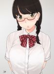  506_(studio_506) arms_behind_back black_hair bow braid breasts brown_eyes bust dress_shirt face glasses large_breasts lips long_hair original red-framed_glasses shirt signature simple_background solo twin_braids twintails 
