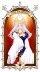  bad_id blue_eyes breasts cleavage crown dress female gensou_suikoden gensou_suikoden_v jewelry large_breasts long_hair necklace purple_eyes silver_hair solo suikoden suikoden_v tarot the_empress yunako_(artist) 