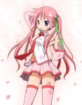  alternate_hair_color blue_eyes cherry_blossoms cosplay hatsune_miku hatsune_miku_(cosplay) hiiragi_kagami long_hair lucky_star mel_(artist) navel object_namesake panties pantyshot petals pink_hair sakura_miku sakura_miku_(cosplay) striped striped_panties thigh-highs thighhighs twintails underwear vocaloid 