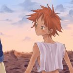  back bare_shoulders blush cloud clouds cowboy_bebop crop_top edolove edward_wong_hau_pepelu_tivrusky_iv from_behind hand_holding holding_hands looking_back messy_hair no_bra pouty_lips red_hair redhead short_hair sky sleeveless sleeveless_shirt spike_spiegel sunset tan wasteland yellow_eyes 
