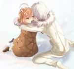  ahoge brown_eyes brown_hair hug jacket kneeling last_order shoko_makiko short_hair snow to_aru_majutsu_no_index white_hair 