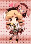  blonde_hair boots charlotte_(madoka_magica) chibi corset cup drill_hair fingerless_gloves gloves hair_ornament hat magical_girl mahou_shoujo_madoka_magica n-mix pleated_skirt polka_dot polka_dot_background puffy_sleeves skirt tea teacup thigh-highs thighhighs tomoe_mami vertical-striped_legwear vertical_stripes yellow_eyes 