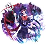  antenna_hair asymmetrical_wings azure_starblue bad_id black_hair bow dress head_tilt highres houjuu_nue polearm red_eyes short_dress short_hair slit_pupils snake solo spear touhou trident weapon wings wristband 