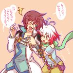  :d :p ahoge asbel_lhant blue_eyes blush coat happy multicolored_hair open_mouth pascal red_hair redhead scarf shirt short_hair shorts smile tales_of_(series) tales_of_graces tongue translated translation_request white_hair wink yellow_eyes 