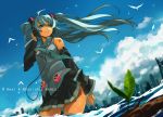  ahoge aqua_eyes aqua_hair bird blue_sky blurry building cable cityscape cloud clouds depth_of_field detached_sleeves english from_below gan_(shanimuni) hand_on_headphones hatsune_miku headphones long_hair necktie pleated_skirt skirt sky skyscraper solo tattoo thigh-highs thighhighs twintails vocaloid wading water wind 