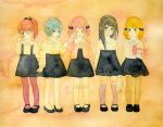  5girls akemi_homura black_hair blonde_hair blue_eyes blue_hair blush bow character_doll charlotte_(madoka_magica) closed_eyes doll eyes_closed hair_bow hair_ornament hairclip highres kaname_madoka long_hair mahou_shoujo_madoka_magica miki_sayaka multiple_girls pantyhose pink_hair polka_dot ponytail purple_eyes red_eyes red_hair redhead sakura_kyouko school_uniform shoes short_hair thigh-highs thighhighs tomoe_mami twintails violet_eyes young zettai_ryouiki 