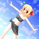  bikini blonde_hair blush bow fang hair_bow hair_ribbon open_mouth outstretched_arms red_eyes ribbon rumia short_hair solo swimsuit the_embodiment_of_scarlet_devil touhou tubetop white_water youkai 