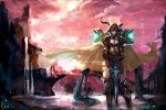  aqua_hair armor cape crossover gauntlets glowing glowing_eyes greaves hatsune_miku helmet long_hair solo sword twintails very_long_hair vocaloid warcraft water weapon world_of_warcraft zhuxiao517 