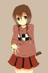  blood checkered highres knife looking_at_viewer madotsuki outstretched_hand skirt smile solo sweater tenma_(xxx) twin_braids twintails weapon yume_nikki 