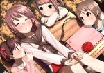  bag bench blush brown_hair cherry_blossoms closed_eyes dutch_angle eyes_closed finger_to_mouth girl_school kinugasa_yuuichi knitting multiple_girls original school_uniform serafuku sitting yarn 