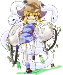  blonde_hair blue_eyes chakram eyes frog from_behind hat hoop mishaguji moriya&#039;s_iron_rings moriya's_iron_rings moriya_suwako smile snake solo thigh-highs thighhighs tora_jun touhou vines white_legwear white_snake 